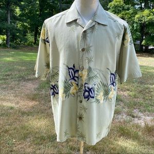 VISITOR MENS CASUAL BUTTON DOWN SHIRT GREEN BLUE FLORAL SILK SHORT SLEEVE SIZE L